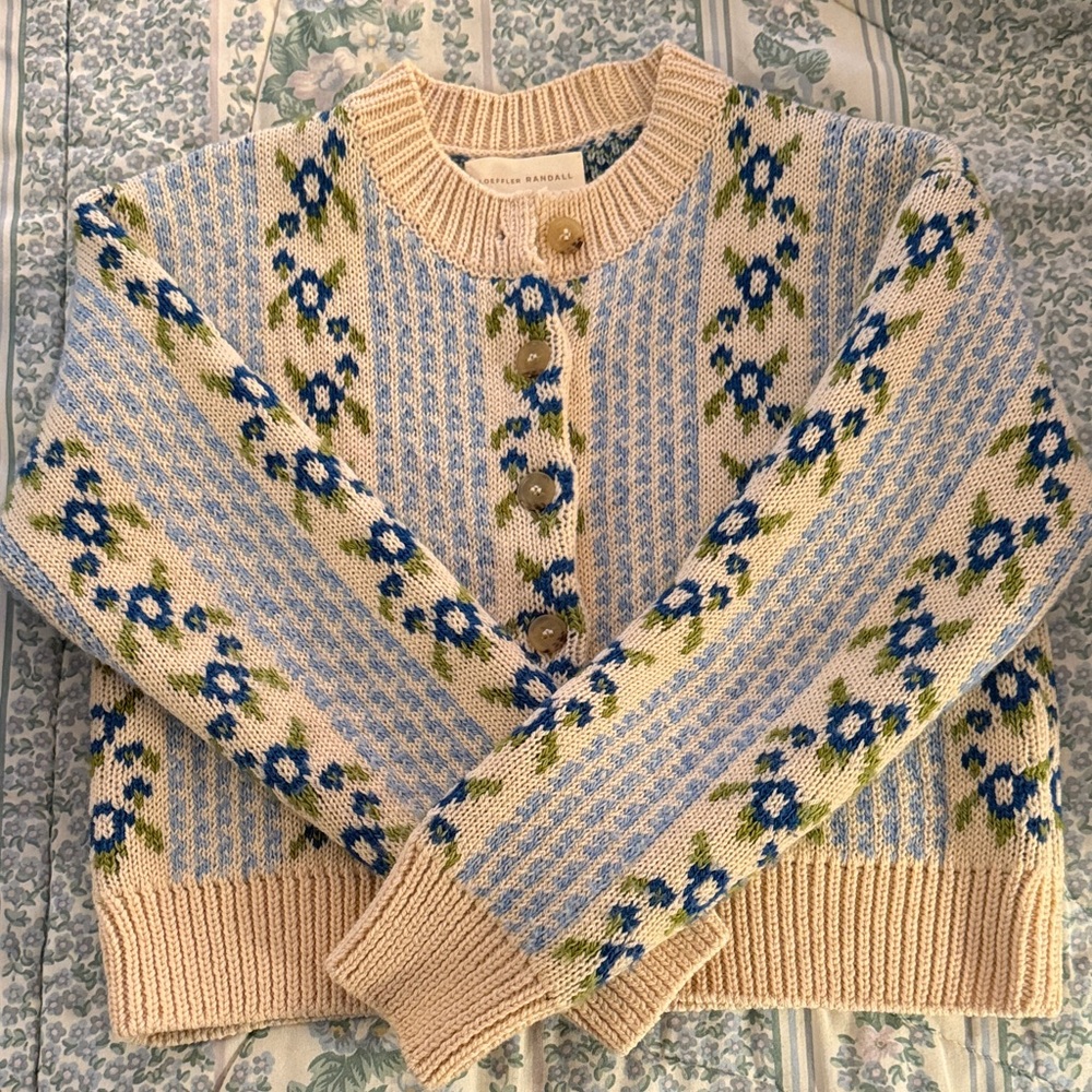 Loeffler Randall Cream and Blue Patterned Cardigan Size Small